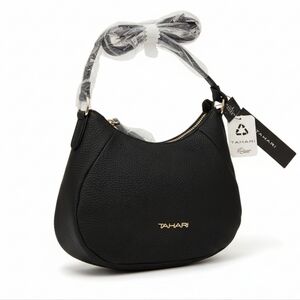 Tahari Crescent Burke Crossbody Bag In Black Pebbled Vegan Leather Silver NWT